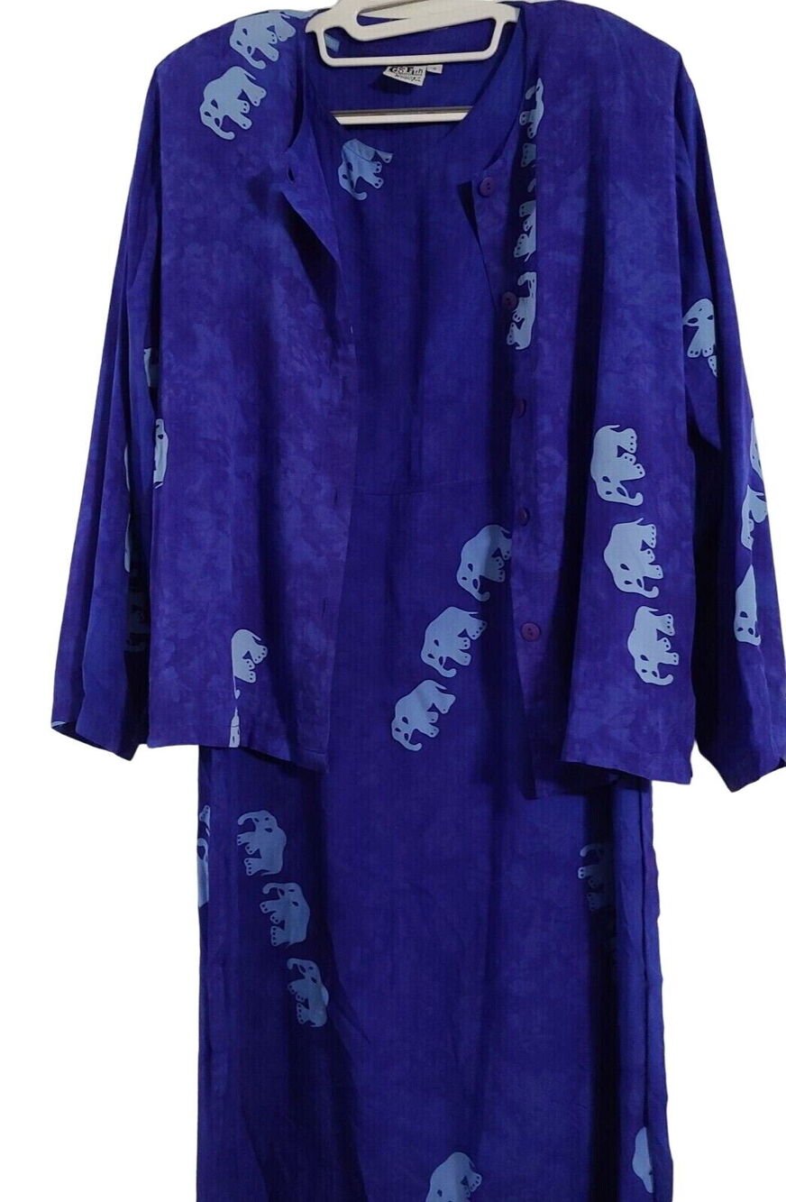 Go Fish Womens Two Piece Jacket Dress Blue Size Small Elephants Long Sleeve 49"L